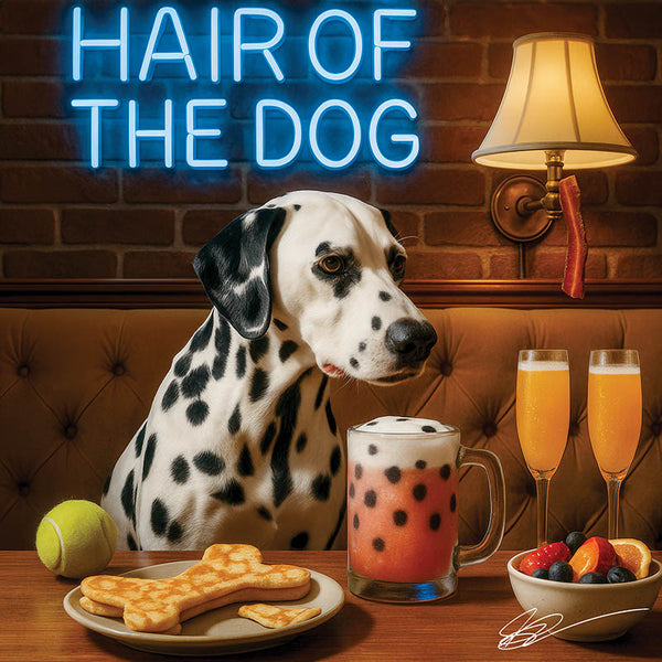 Hair of the Dog Dalmatian 002 Ruff & Ready Funny Canine Art neon lights, bacon-woven flair, and egg murals