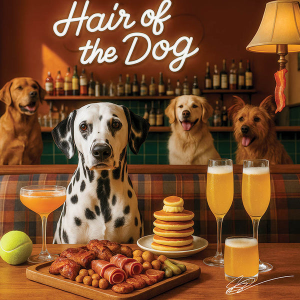 Hair of the Dog Dalmatian 004 Ruff & Ready Funny Canine Art neon lights, bacon-woven flair, and egg murals