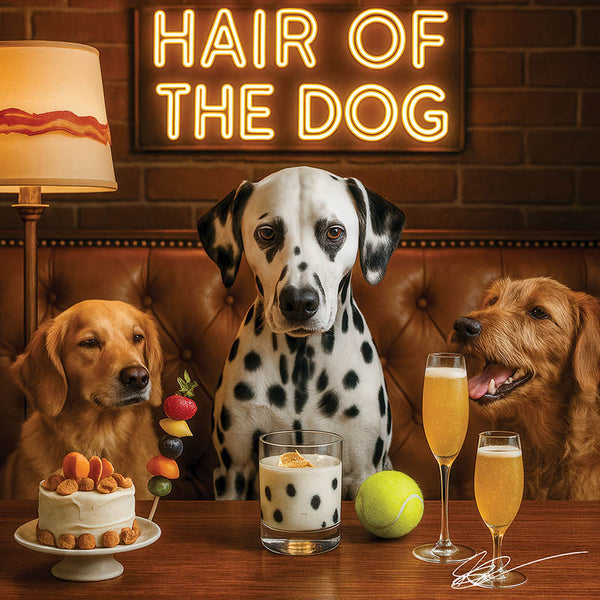 Hair of the Dog Dalmatian 010 Ruff & Ready Funny Canine Art neon lights, bacon-woven flair, and egg murals