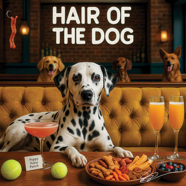 Hair of the Dog Dalmatian 011 Ruff & Ready Funny Canine Art neon lights, bacon-woven flair, and egg murals