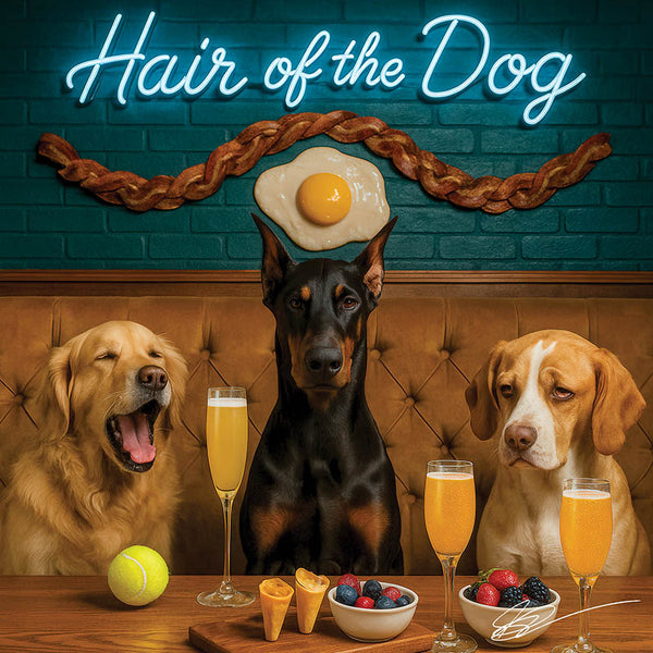 Hair of the Dog Doberman Pinscher 002 Ruff & Ready Funny Canine Art neon lights, bacon-woven flair, and egg murals