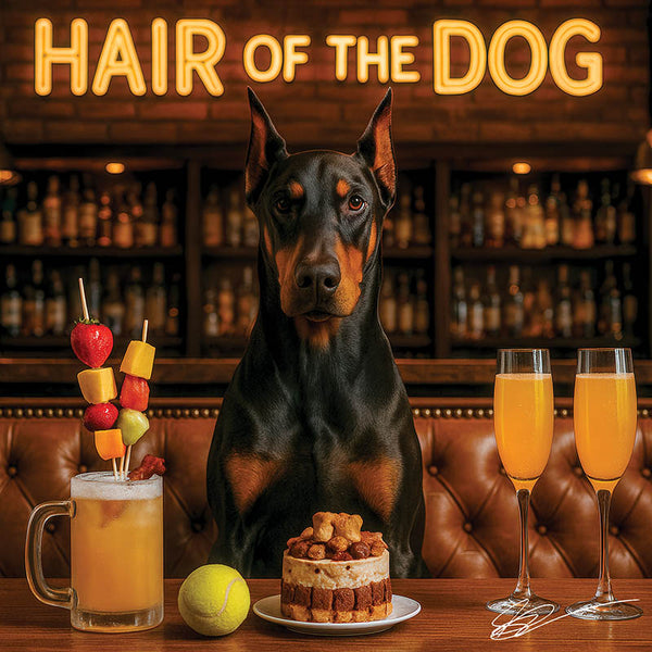 Hair of the Dog Doberman Pinscher 007 Ruff & Ready Funny Canine Art neon lights, bacon-woven flair, and egg murals