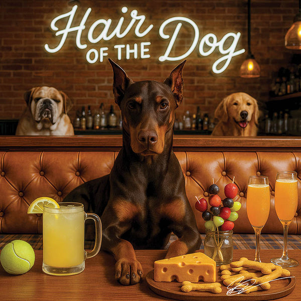 Hair of the Dog Doberman Pinscher 009 Ruff & Ready Funny Canine Art neon lights, bacon-woven flair, and egg murals