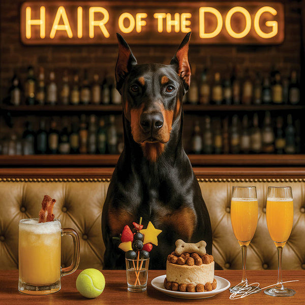 Hair of the Dog Doberman Pinscher 010 Ruff & Ready Funny Canine Art neon lights, bacon-woven flair, and egg murals