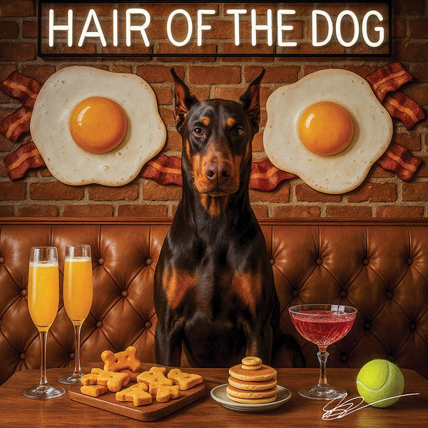 Hair of the Dog Doberman Pinscher 011 Ruff & Ready Funny Canine Art neon lights, bacon-woven flair, and egg murals