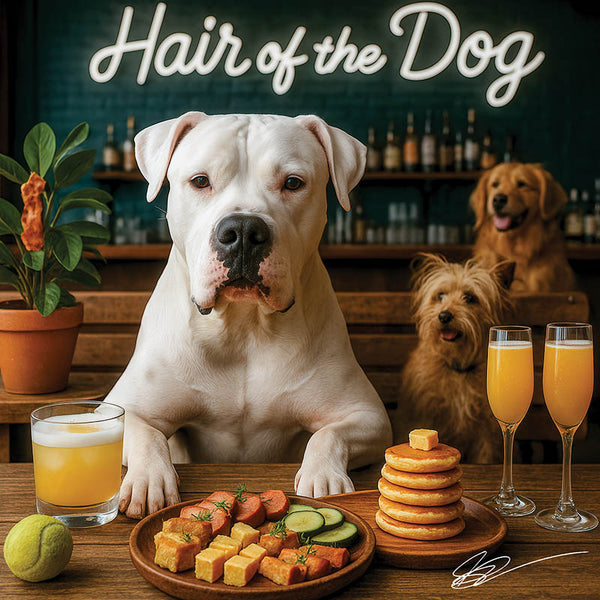 Hair of the Dog Dogo Argentino 004 Ruff & Ready Funny Canine Art neon lights, bacon-woven flair, and egg murals