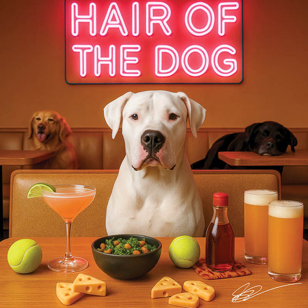 Hair of the Dog Dogo Argentino 005 Ruff & Ready Funny Canine Art neon lights, bacon-woven flair, and egg murals