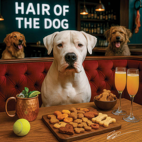 Hair of the Dog Dogo Argentino 009 Ruff & Ready Funny Canine Art neon lights, bacon-woven flair, and egg murals