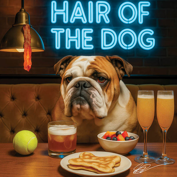 Hair of the Dog English Bulldog 002 Ruff & Ready Funny Canine Art neon lights, bacon-woven flair, and egg murals