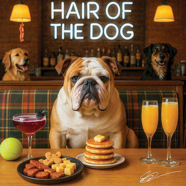 Hair of the Dog English Bulldog 003 Ruff & Ready Funny Canine Art neon lights, bacon-woven flair, and egg murals