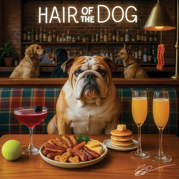 Hair of the Dog English Bulldog 005 Ruff & Ready Funny Canine Art neon lights, bacon-woven flair, and egg murals