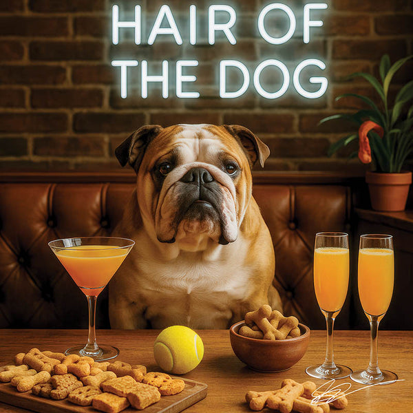 Hair of the Dog English Bulldog 006 Ruff & Ready Funny Canine Art neon lights, bacon-woven flair, and egg murals