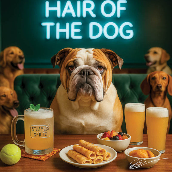 Hair of the Dog English Bulldog 007 Ruff & Ready Funny Canine Art neon lights, bacon-woven flair, and egg murals