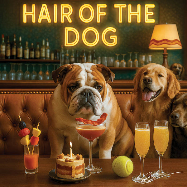 Hair of the Dog English Bulldog 008 Ruff & Ready Funny Canine Art neon lights, bacon-woven flair, and egg murals