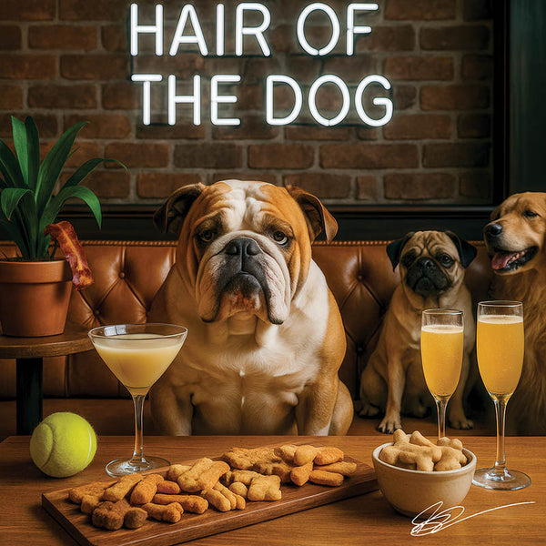Hair of the Dog English Bulldog 010 Ruff & Ready Funny Canine Art neon lights, bacon-woven flair, and egg murals