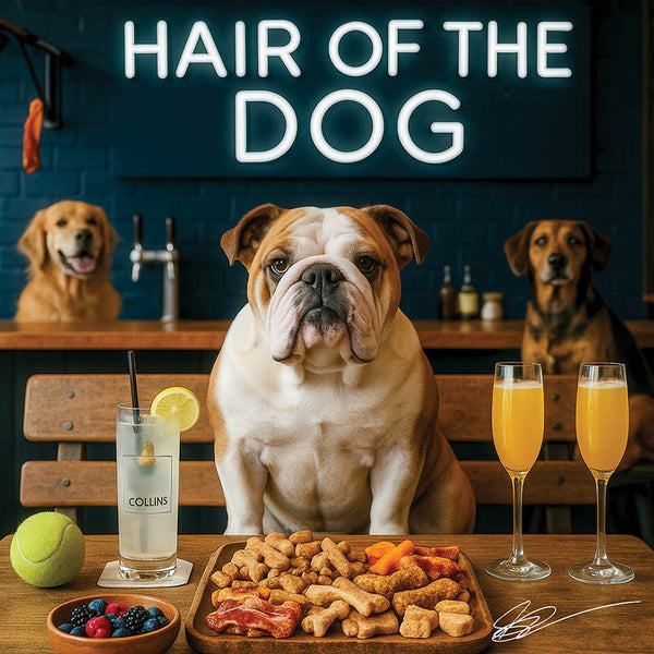 Hair of the Dog English Bulldog 013 Ruff & Ready Funny Canine Art neon lights, bacon-woven flair, and egg murals