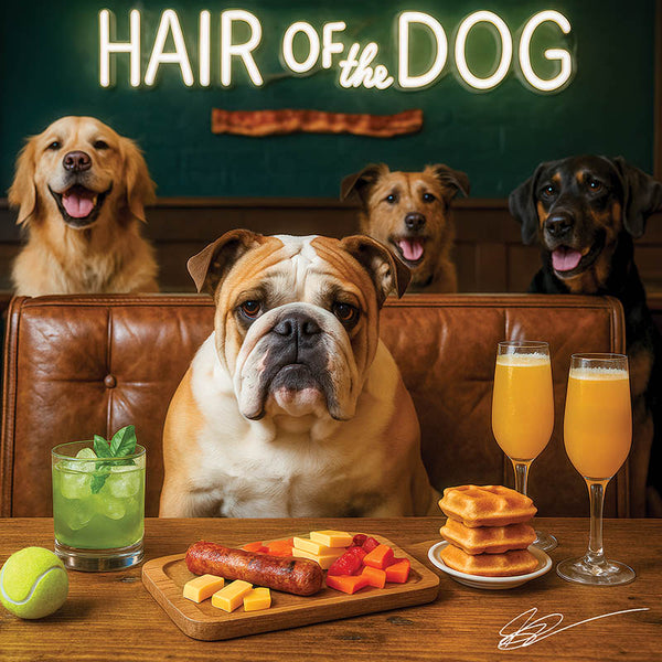 Hair of the Dog English Bulldog 015 Ruff & Ready Funny Canine Art neon lights, bacon-woven flair, and egg murals