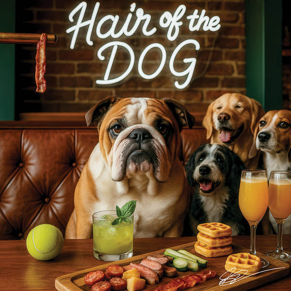 Hair of the Dog English Bulldog 017 Ruff & Ready Funny Canine Art neon lights, bacon-woven flair, and egg murals