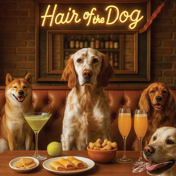 Hair of the Dog English Setter 003 Ruff & Ready Funny Canine Art neon lights, bacon-woven flair, and egg murals