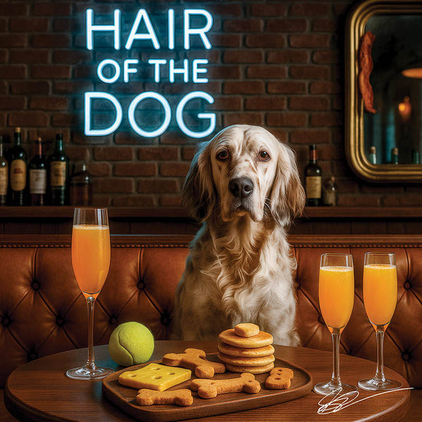 Hair of the Dog English Setter 004 Ruff & Ready Funny Canine Art neon lights, bacon-woven flair, and egg murals
