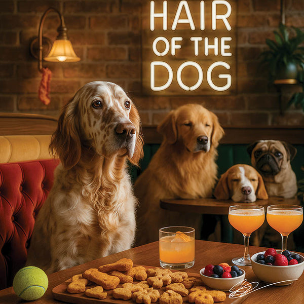 Hair of the Dog English Setter 008 Ruff & Ready Funny Canine Art neon lights, bacon-woven flair, and egg murals