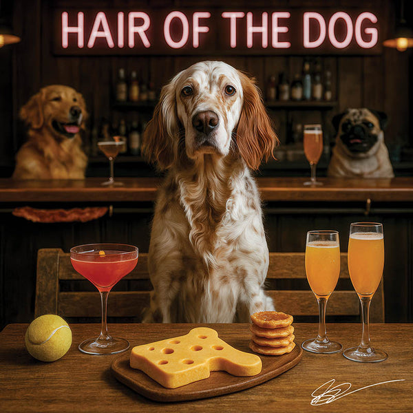 Hair of the Dog English Setter 016 Ruff & Ready Funny Canine Art neon lights, bacon-woven flair, and egg murals