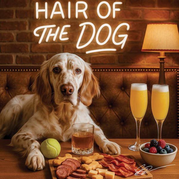 Hair of the Dog English Setter 017 Ruff & Ready Funny Canine Art neon lights, bacon-woven flair, and egg murals