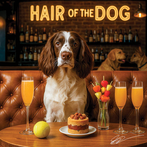 Hair of the Dog English Springer Spaniel 001 Ruff & Ready Funny Canine Art neon lights, bacon-woven flair, and egg murals