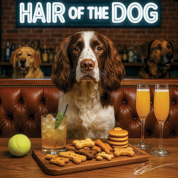 Hair of the Dog English Springer Spaniel 005 Ruff & Ready Funny Canine Art neon lights, bacon-woven flair, and egg murals