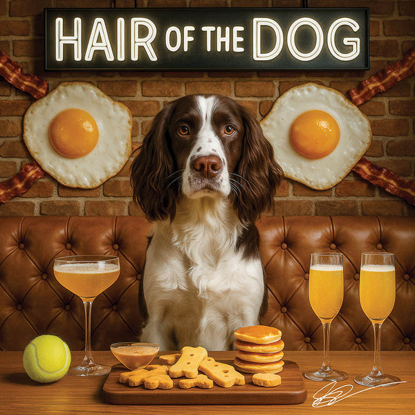 Hair of the Dog English Springer Spaniel 011 Ruff & Ready Funny Canine Art neon lights, bacon-woven flair, and egg murals