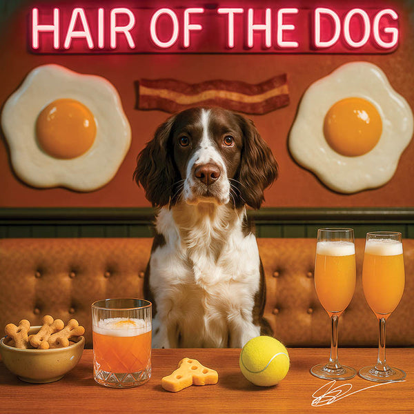 Hair of the Dog English Springer Spaniel 013 Ruff & Ready Funny Canine Art neon lights, bacon-woven flair, and egg murals