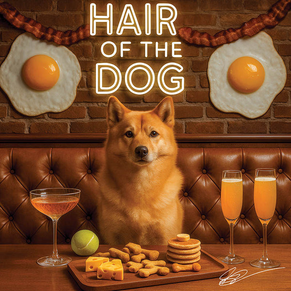 Hair of the Dog Finnish Spitz 001 Ruff & Ready Funny Canine Art neon lights, bacon-woven flair, and egg murals