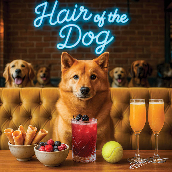 Hair of the Dog Finnish Spitz 002 Ruff & Ready Funny Canine Art neon lights, bacon-woven flair, and egg murals