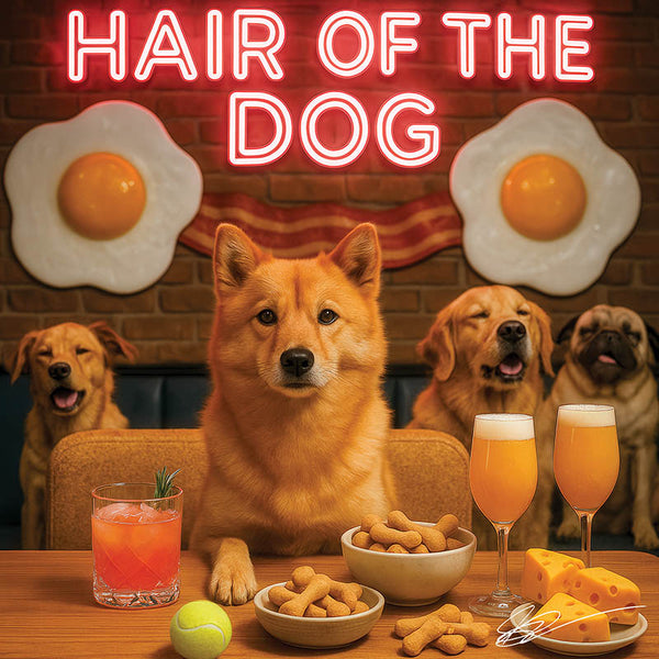 Hair of the Dog Finnish Spitz 003 Ruff & Ready Funny Canine Art neon lights, bacon-woven flair, and egg murals