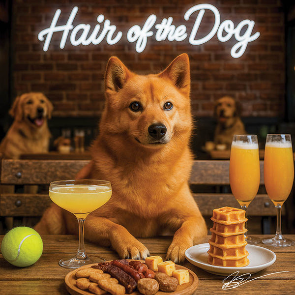 Hair of the Dog Finnish Spitz 004 Ruff & Ready Funny Canine Art neon lights, bacon-woven flair, and egg murals