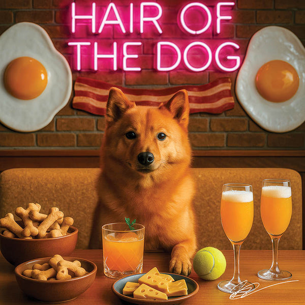 Hair of the Dog Finnish Spitz 007 Ruff & Ready Funny Canine Art neon lights, bacon-woven flair, and egg murals
