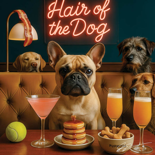 Hair of the Dog French Bulldog 001 Ruff & Ready Funny Canine Art neon lights, bacon-woven flair, and egg murals