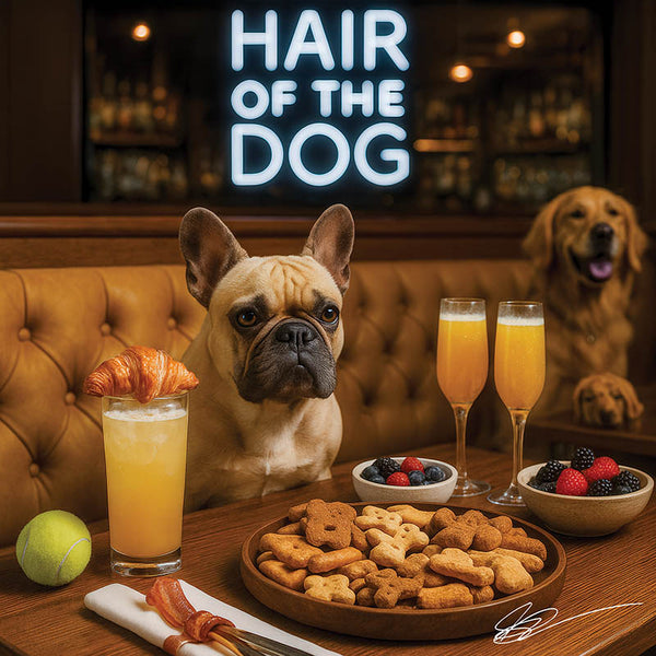 Hair of the Dog French Bulldog 005 Ruff & Ready Funny Canine Art neon lights, bacon-woven flair, and egg murals