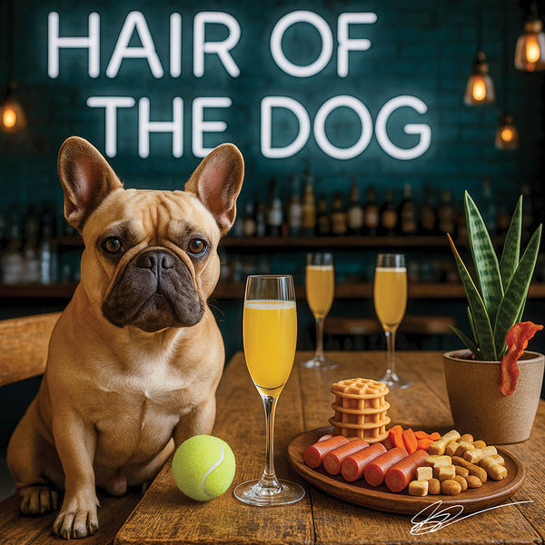 Hair of the Dog French Bulldog 006 Ruff & Ready Funny Canine Art neon lights, bacon-woven flair, and egg murals