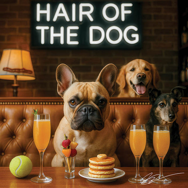 Hair of the Dog French Bulldog 009 Ruff & Ready Funny Canine Art neon lights, bacon-woven flair, and egg murals
