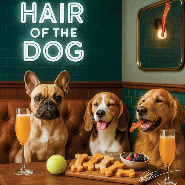 Hair of the Dog French Bulldog 010 Ruff & Ready Funny Canine Art neon lights, bacon-woven flair, and egg murals