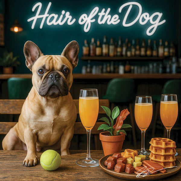 Hair of the Dog French Bulldog 016 Ruff & Ready Funny Canine Art neon lights, bacon-woven flair, and egg murals