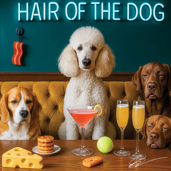 Hair of the Dog French Poodle 009 Ruff & Ready Funny Canine Art neon lights, bacon-woven flair, and egg murals