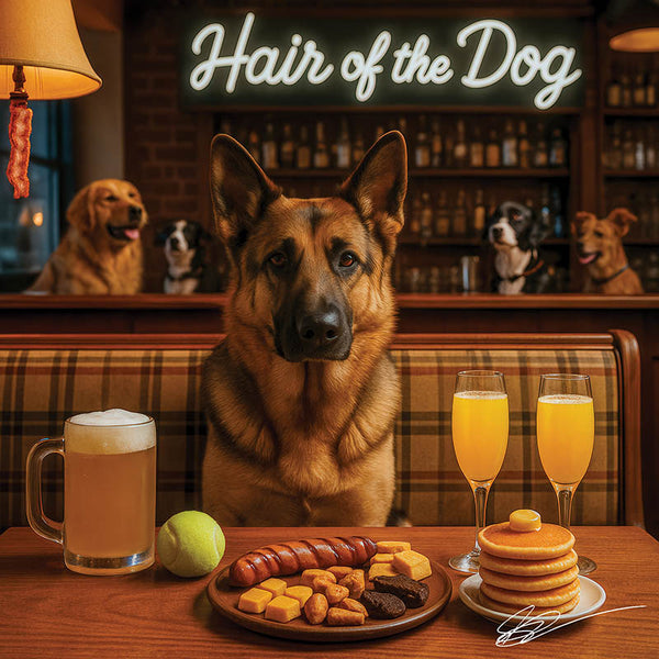 Hair of the Dog German Shepherd 001 Ruff & Ready Funny Canine Art neon lights, bacon-woven flair, and egg murals