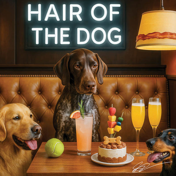 Hair of the Dog German Shorthaired Pointer 002 Ruff & Ready Funny Canine Art neon lights, bacon-woven flair, and egg murals