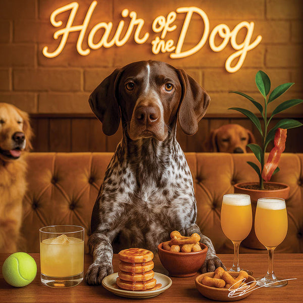 Hair of the Dog German Shorthaired Pointer 006 Ruff & Ready Funny Canine Art neon lights, bacon-woven flair, and egg murals