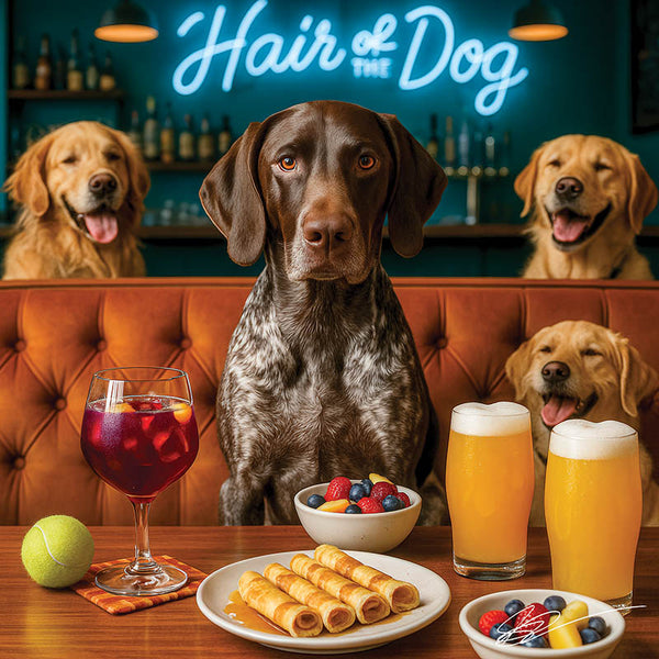 Hair of the Dog German Shorthaired Pointer 014 Ruff & Ready Funny Canine Art neon lights, bacon-woven flair, and egg murals
