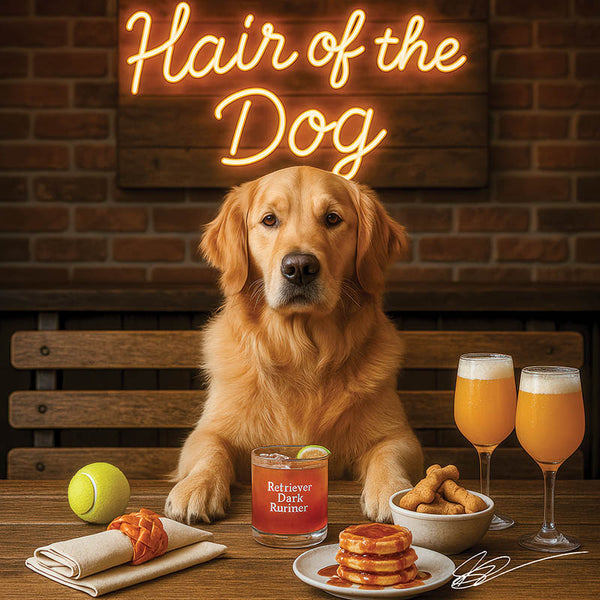Hair of the Dog Golden Retriever 002 Ruff & Ready Funny Canine Art neon lights, bacon-woven flair, and egg murals