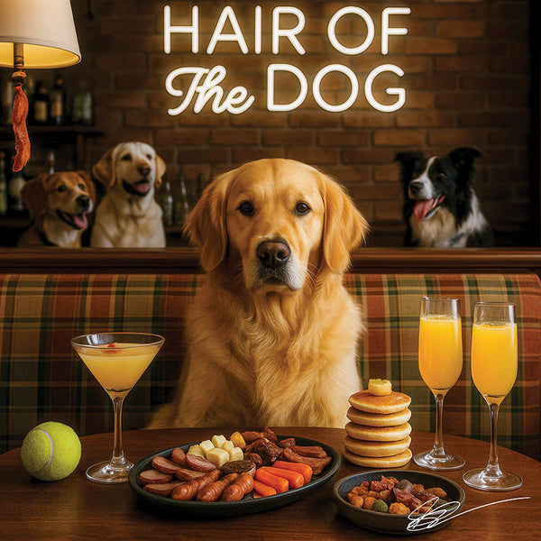 Hair of the Dog Golden Retriever 009 Ruff & Ready Funny Canine Art neon lights, bacon-woven flair, and egg murals