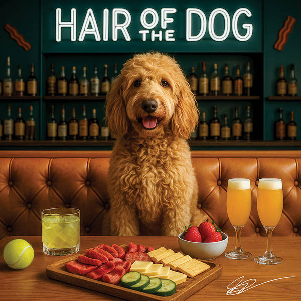 Hair of the Dog Goldendoodle 003 Ruff & Ready Funny Canine Art neon lights, bacon-woven flair, and egg murals